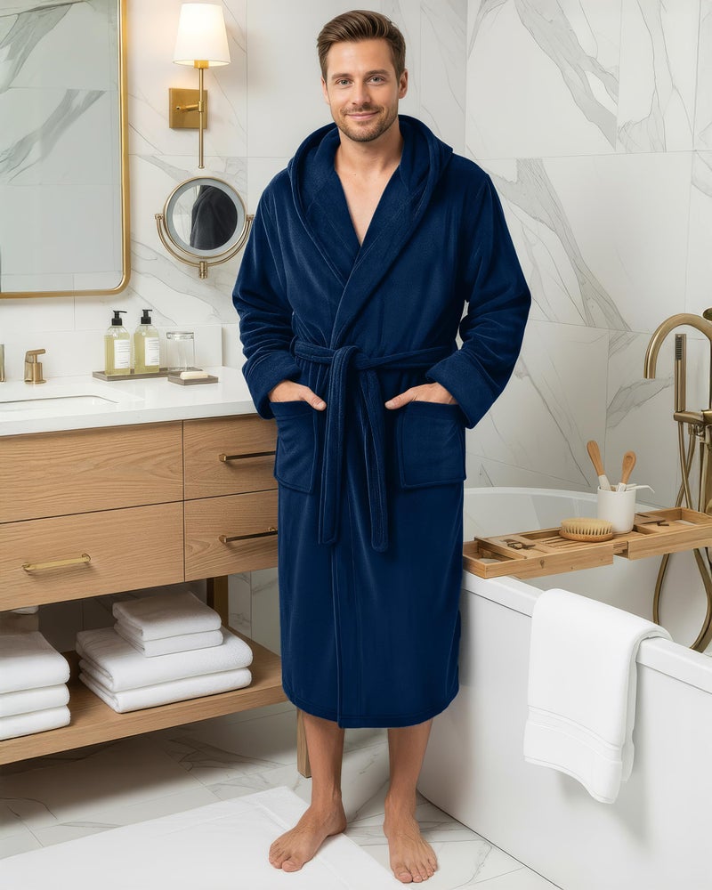 NY Threads Mens Robe with Hood, Luxury Plush Fleece Hooded Mens Bathrobe, Spa Bath Robe for Men, Small/Medium, Navy - Image 2
